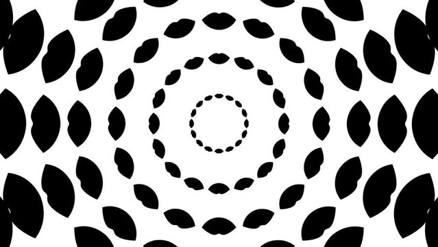 Animated black lip symbols fly from the center. Looped video. Vector illustration isolated on white background.