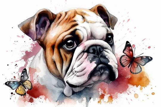 watercolor portrait of a dog - bulldog on a white background