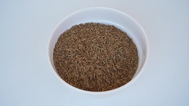 cumin seeds falling on a white plate on a white background
