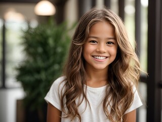 A closeup photo portrait of a cute beautiful young girl kid smiling with clean teeth. used for a dental ad. teen with fresh stylish long hair. 