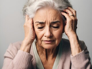 A elderly adult woman with migraine headache holding her head having pain. isolated on white background. studio photo.
