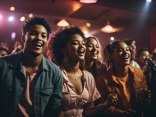 A group of diverse young friends singing at a karaoke party in a night club, laughing and having fun together.
 - obrazy, fototapety, plakaty