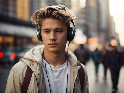 A closeup photo portrait of handsome white teenage guy walking and listening to music with over-ear headphones. blurry city street in the background.
