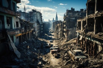 somber reality of bombed-out buildings in the context of the war in Ukraine - obrazy, fototapety, plakaty