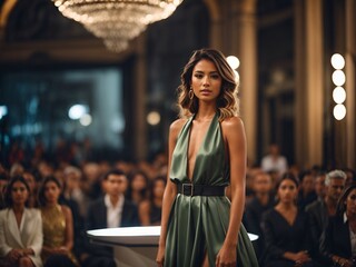 Beautiful professional female model in a dress on a walking podium stage at a fashion show week evening in Milano, Italy. designers and photographers sitting. blurry background.
