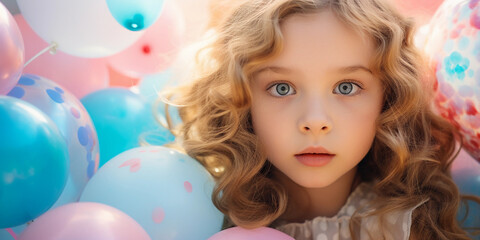 Fototapeta na wymiar portrait of a child with big blue eyes, surrounded by pastel balloons, natural light