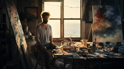 Creative backlit portrait of a painter in their studio, scattered brushes and canvases, diffused natural light from a large window