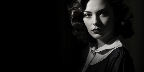 Film noir-inspired portrait, female subject with a mysterious aura, low-key lighting with hard shadows, vintage 1940s hairstyle
