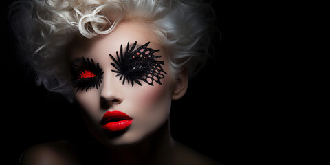 Fototapeta premium female portrait, bold red lipstick, avant-garde hairstyle, butterfly lighting for glamorous skin