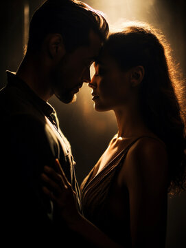 Sensual backlit portrait of a couple, close embrace, low key lighting, intimate atmosphere