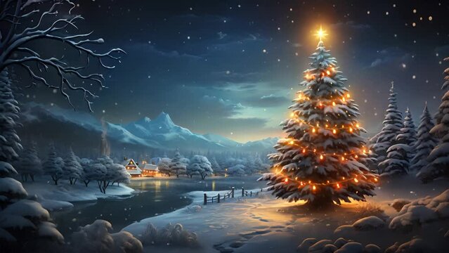 Christmas tree in a village near a river, surrounded by forest