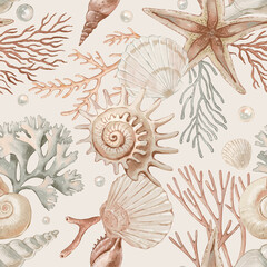 Seamless pattern with seashells and corals hand-drawn painted in watercolor style. The seamless pattern can be used on a variety of surfaces, wallpaper, textiles or packaging
