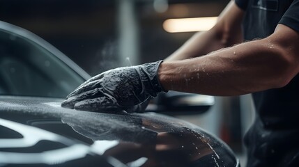 mechanic hands wearing black gloves, giving thick foam wash with a sponge to car, in a modern garage - obrazy, fototapety, plakaty