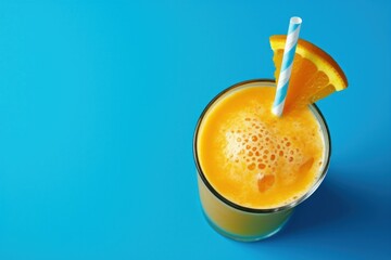  orange juice or smoothie in a glass glass on a blue background. orange slice ,view from above