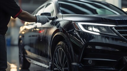 mechanic hands wearing black gloves, giving thick foam wash with a sponge to car, in a modern garage