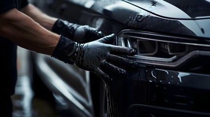 mechanic hands wearing black gloves, giving thick foam wash with a sponge to car, in a modern garage - obrazy, fototapety, plakaty