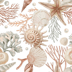 Seamless pattern with seashells and corals hand-drawn painted in watercolor style. The seamless pattern can be used on a variety of surfaces, wallpaper, textiles or packaging
