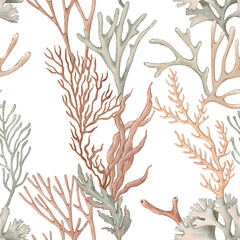 Seamless pattern with seaweeds and corals hand-drawn painted in watercolor style. The seamless pattern can be used on a variety of surfaces, wallpaper, textiles or packaging 