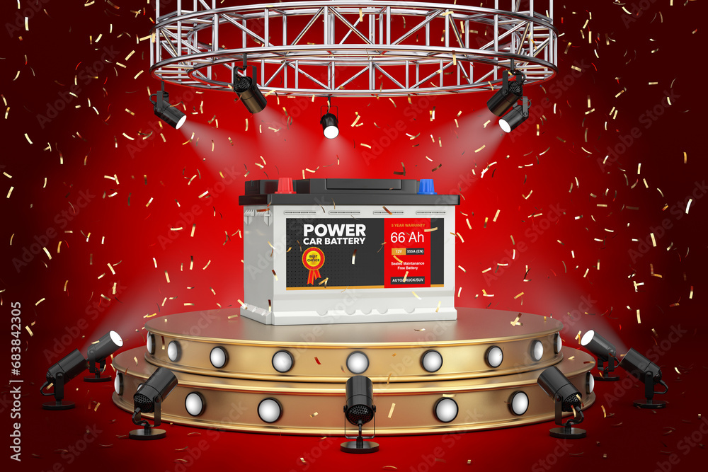 Poster rechargeable car battery 12v accumulator with abstract label on a golden product presentation podium