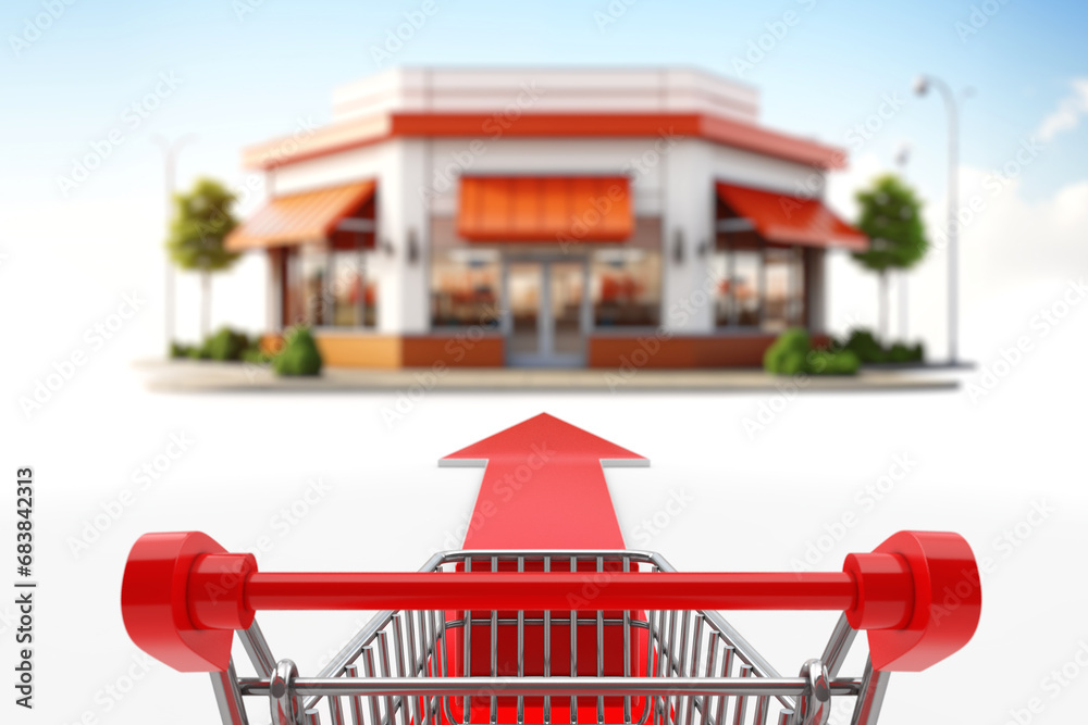 Fototapete buying concept. shopping cart trolley over go forward arrow sign, showing direction to store. 3d ren