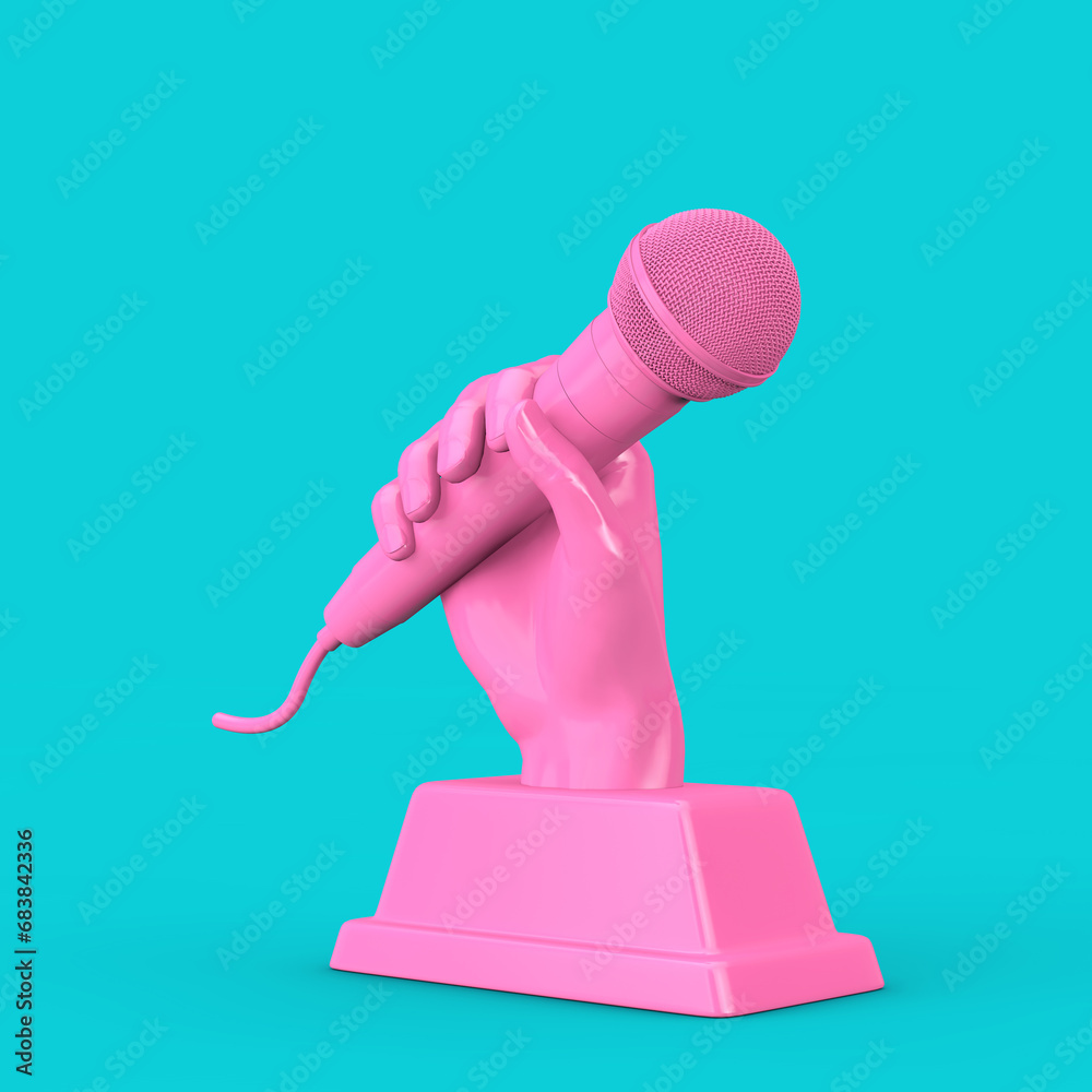 Poster pink music award trophy in shape of hand with microphone in duotone style. 3d rendering