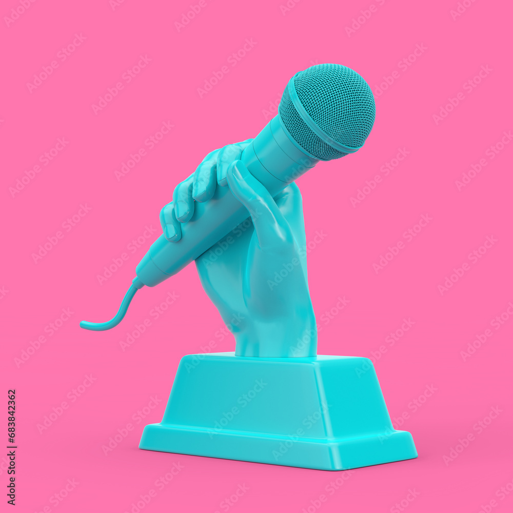 Poster blue music award trophy in shape of hand with microphone in duotone style. 3d rendering