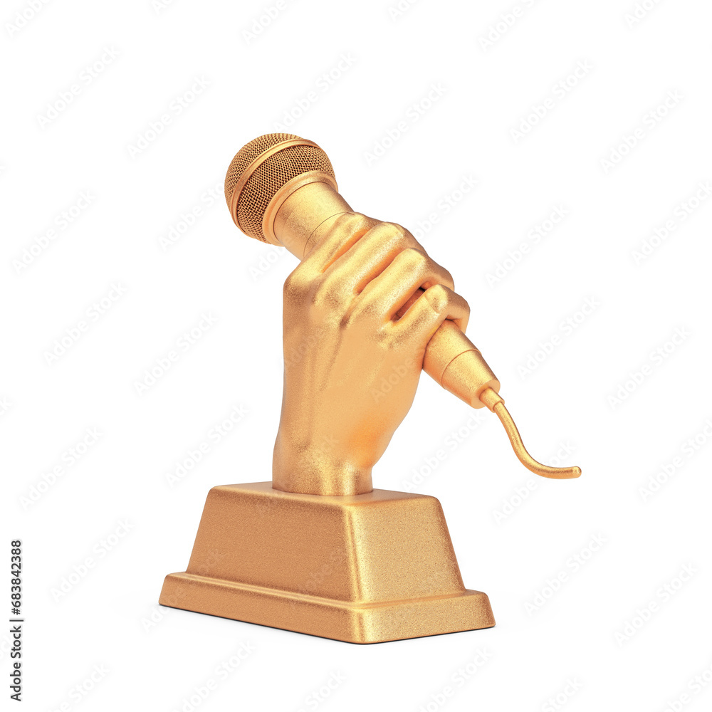 Poster golden music award trophy in shape of hand with microphone. 3d rendering