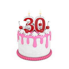 30 Year Birthday Concept. Abstract Birthday Cartoon Dessert Cherry Cake with Thirty Year Anniversary Candle. 3d Rendering