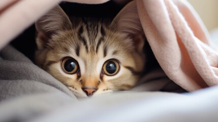 A beautiful portrait of a happy and cute Asian domestic kitten with yellow eyes and a purebred, furry coat, showcasing the beauty of this adorable animal in its home.