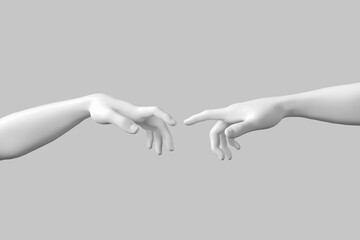 Hand to Hand. Abstract Imitation of Michelangelo's the Creation of Adam. God and Adam Hands. 3d Rendering - obrazy, fototapety, plakaty