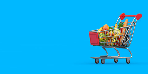 Shopping Cart Trolley Full of Groceries. 3d Rendering