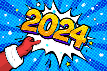 Santa Claus hand in red suit and mitten showing word bubble with 2024
