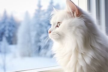 Cute white cat sits by the window and looks at the winter landscape.