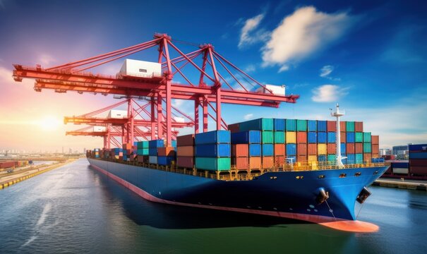 Container ship unloading in deep sea port, Global business logistic import export freight shipping transportation oversea worldwide by container ship open sea, Container vessel loading, Generative AI 
