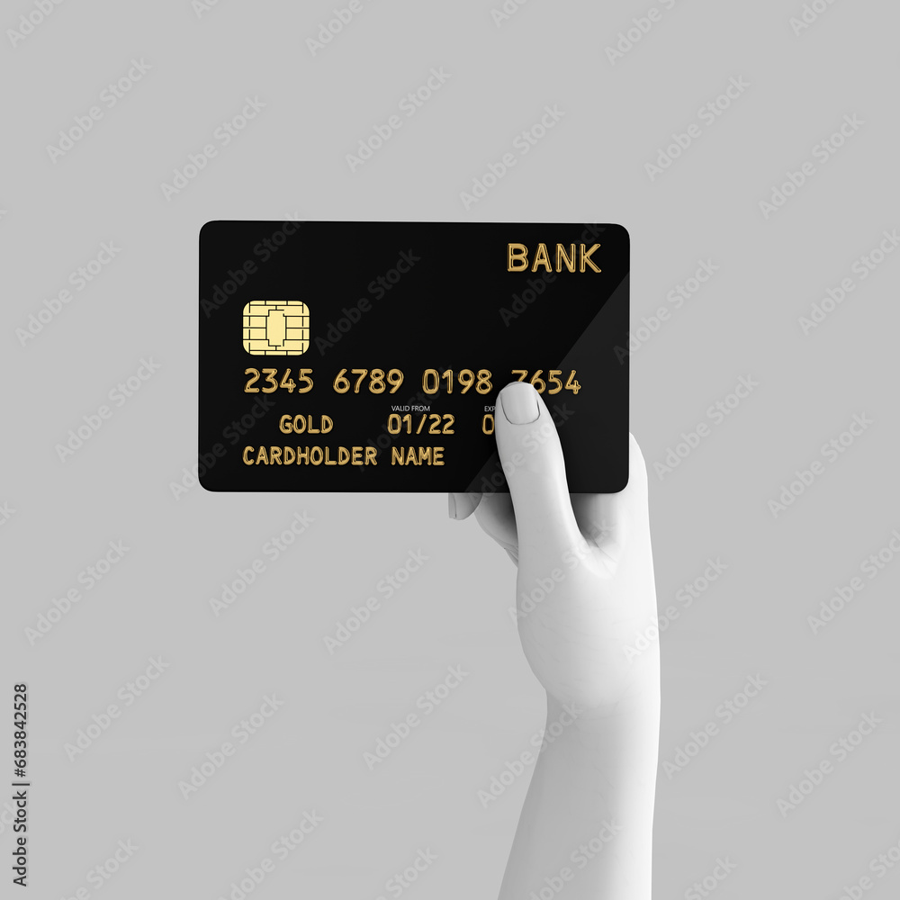 Poster black plastic golden credit card with chip in white abstract hand. 3d rendering