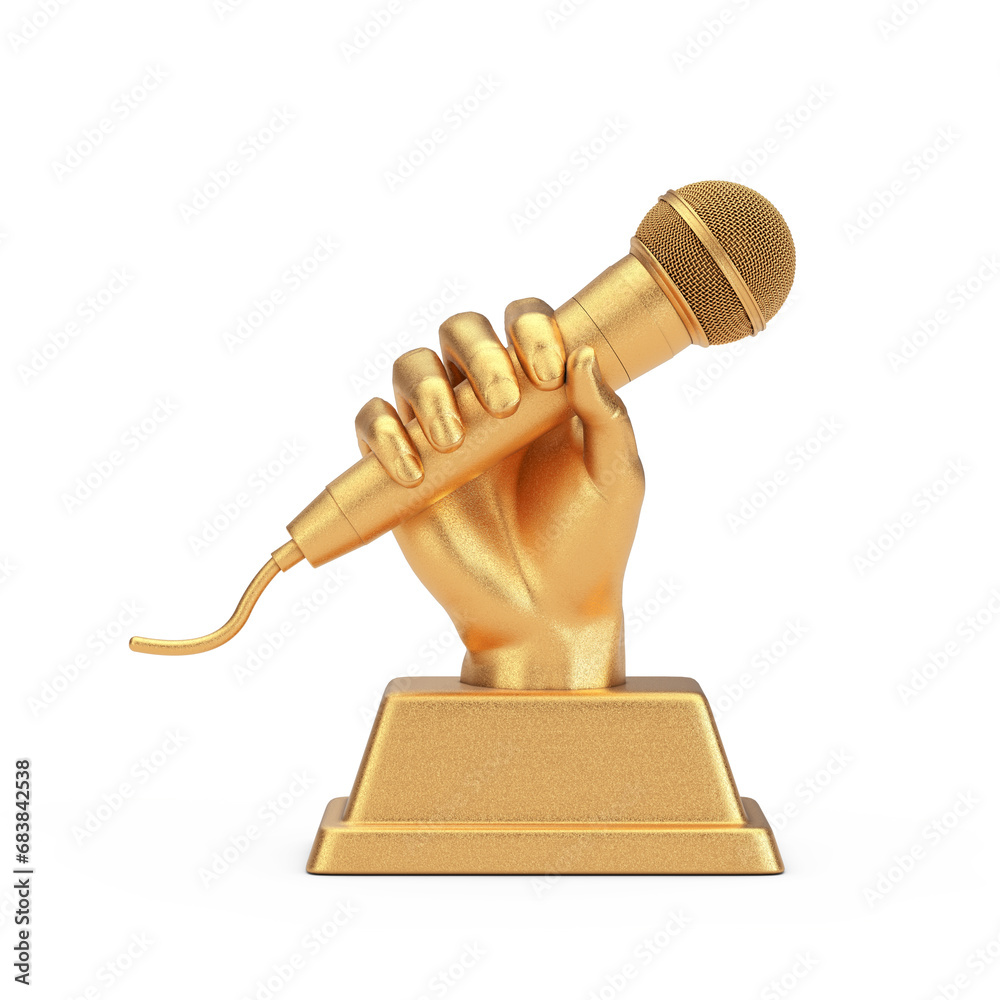 Poster golden music award trophy in shape of hand with microphone. 3d rendering