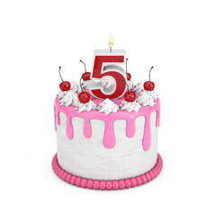 5 Year Birthday Concept. Abstract Birthday Cartoon Dessert Cherry Cake with Five Year Anniversary Candle. 3d Rendering