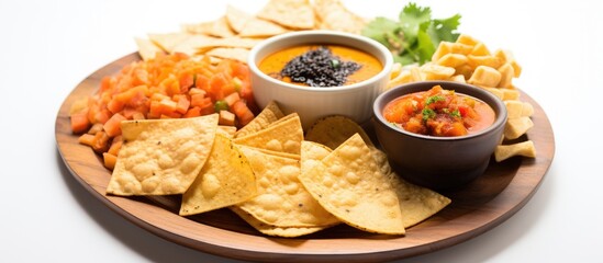 A colorful dish of Javanese rice, accompanied by crispy chips and crackers made from flour dough, is showcased on a white background, exemplifying the concept of an appetizing and visually appealing