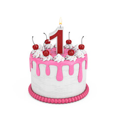 1 Year Birthday Concept. Abstract Birthday Cartoon Dessert Cherry Cake with One Year Anniversary Candle. 3d Rendering