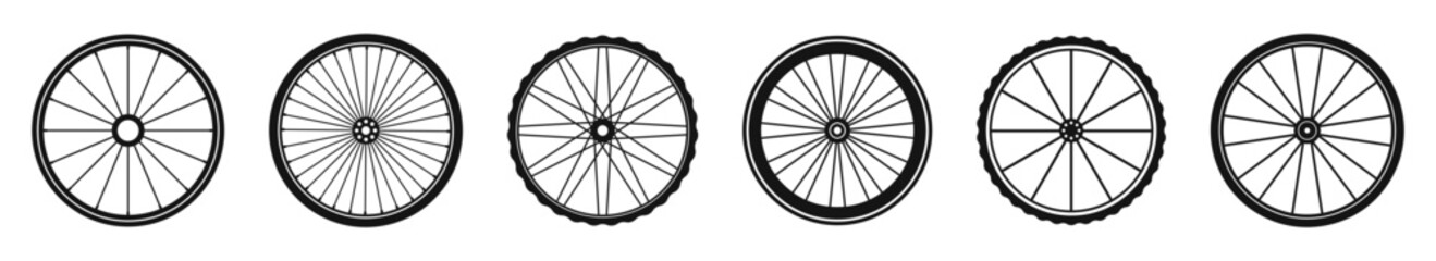 Bike wheel vector icons. Bicycle wheel silhouettes.