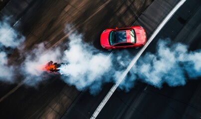 Aerial view two cars drift battle view from above, Activity two cars drift action battle on asphalt...