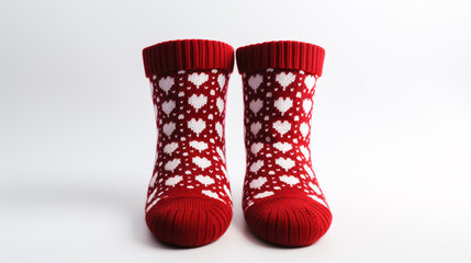 A pair of cozy woollen winter socks adorned with white knitted hearts, ideal for Christmas, festivities or chillier weather. Red and white in colour.