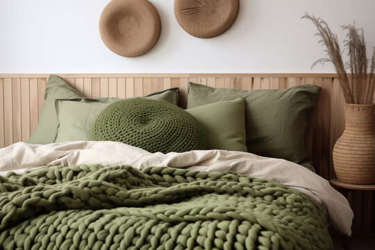 A close-up of a bed with green linen pillows and a round knitted, leaning on a wooden wall panel, an ivory blanket, a green large-knit blanket, a decorative wicker vase on a table with dried flowers.