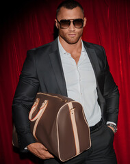 Stylish man with sunglasses posing with a luxury bag at a formal event
