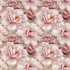 Seamless floral pattern with peonies hand-drawn painted in watercolor style. The seamless pattern can be used on a variety of surfaces, wallpaper, textiles or packaging 
