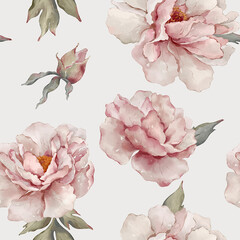 Seamless floral pattern with peonies hand-drawn painted in watercolor style. The seamless pattern can be used on a variety of surfaces, wallpaper, textiles or packaging 
