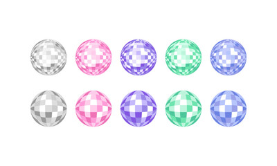 Set of colorful disco balls. Vector flat illustration of disco mirror spheres. Festival, party clipart