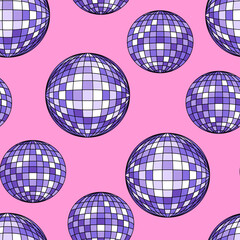 Seamless pattern with purple disco balls. Vector holiday background 