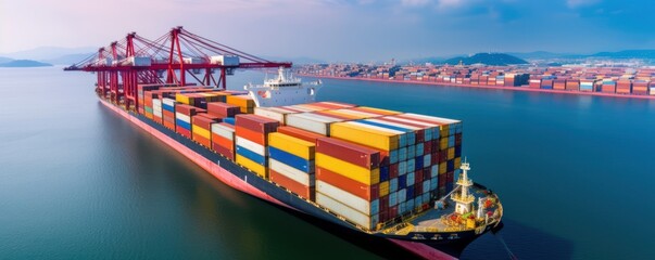 Aerial view container cargo ship in import export global business commercial trade logistic transportation of international by container cargo ship, Container shipping at industrial, Generative AI 