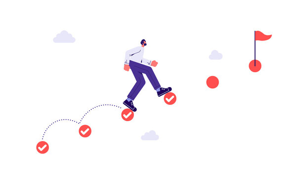 Project tracking, goal tracker, task completion or checklist to remind project progress concept, businessman running on completed checkbox to reach goal